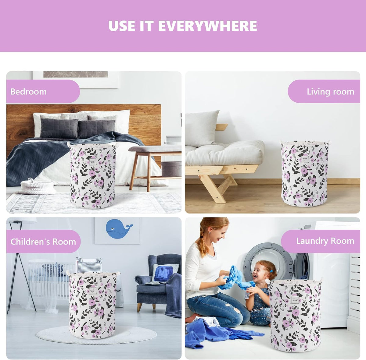 Large Foldable Laundry Basket Hamper Holder Portable Tall Collapsible Laundry Hamper Nusery Storage Basket Bin with Handles, Canvas & Waterproof lining for Household Items (Floral Pink)
