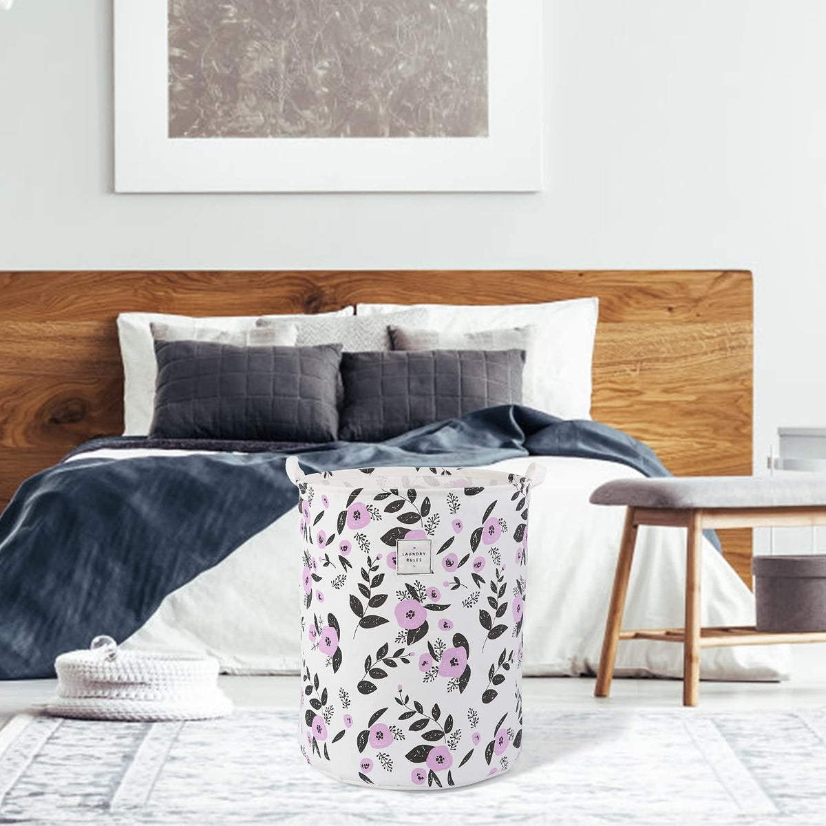 Large Foldable Laundry Basket Hamper Holder Portable Tall Collapsible Laundry Hamper Nusery Storage Basket Bin with Handles, Canvas & Waterproof lining for Household Items (Floral Pink)