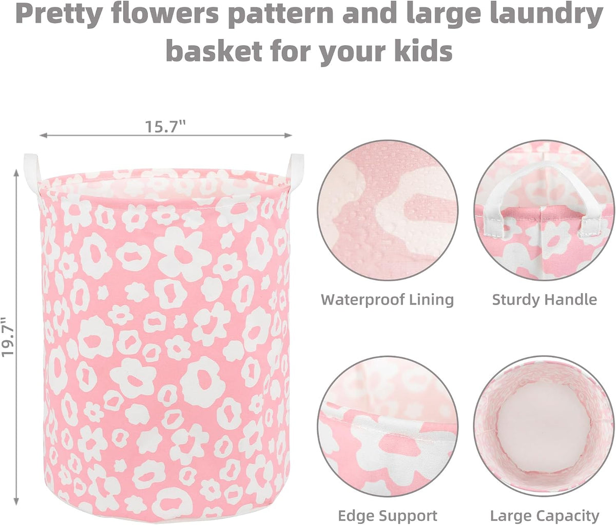 Large Foldable Laundry Basket Hamper Holder Portable Tall Collapsible Laundry Hamper Nusery Storage Basket Bin with Handles, Canvas & Waterproof lining for Household Items (Floral Pink)