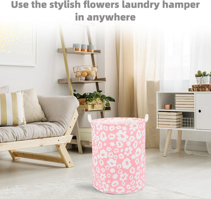 Large Foldable Laundry Basket Hamper Holder Portable Tall Collapsible Laundry Hamper Nusery Storage Basket Bin with Handles, Canvas & Waterproof lining for Household Items (Floral Pink)