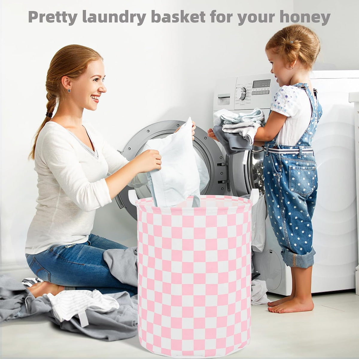 Large Foldable Laundry Basket Hamper Holder Portable Tall Collapsible Laundry Hamper Nusery Storage Basket Bin with Handles, Canvas & Waterproof lining for Household Items (Floral Pink)