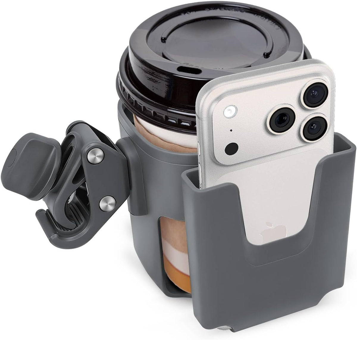 Stroller Cup Holder Attachment with Phone Holder Grey