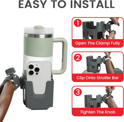 Stroller Cup Holder Attachment with Phone Holder Grey
