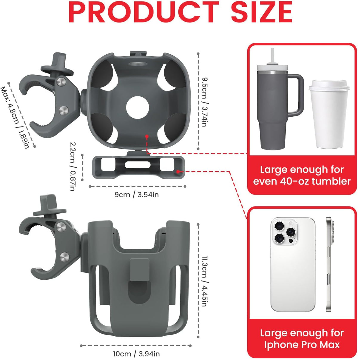 Stroller Cup Holder Attachment with Phone Holder Grey