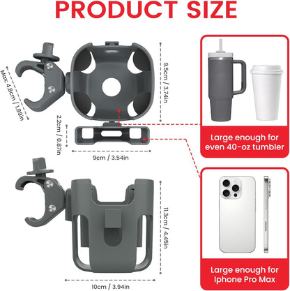Stroller Cup Holder Attachment with Phone Holder Grey
