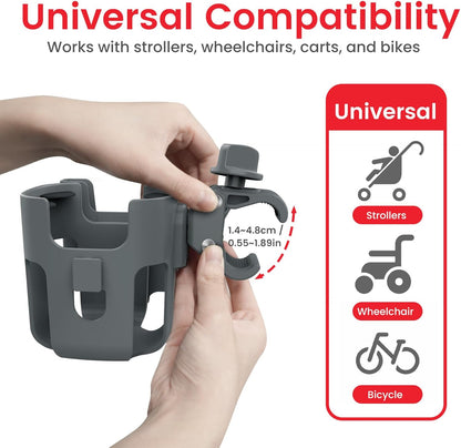 Stroller Cup Holder Attachment with Phone Holder Grey
