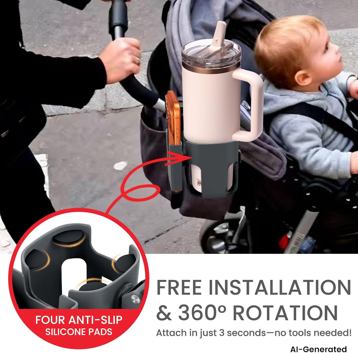 Stroller Cup Holder Attachment with Phone Holder Grey