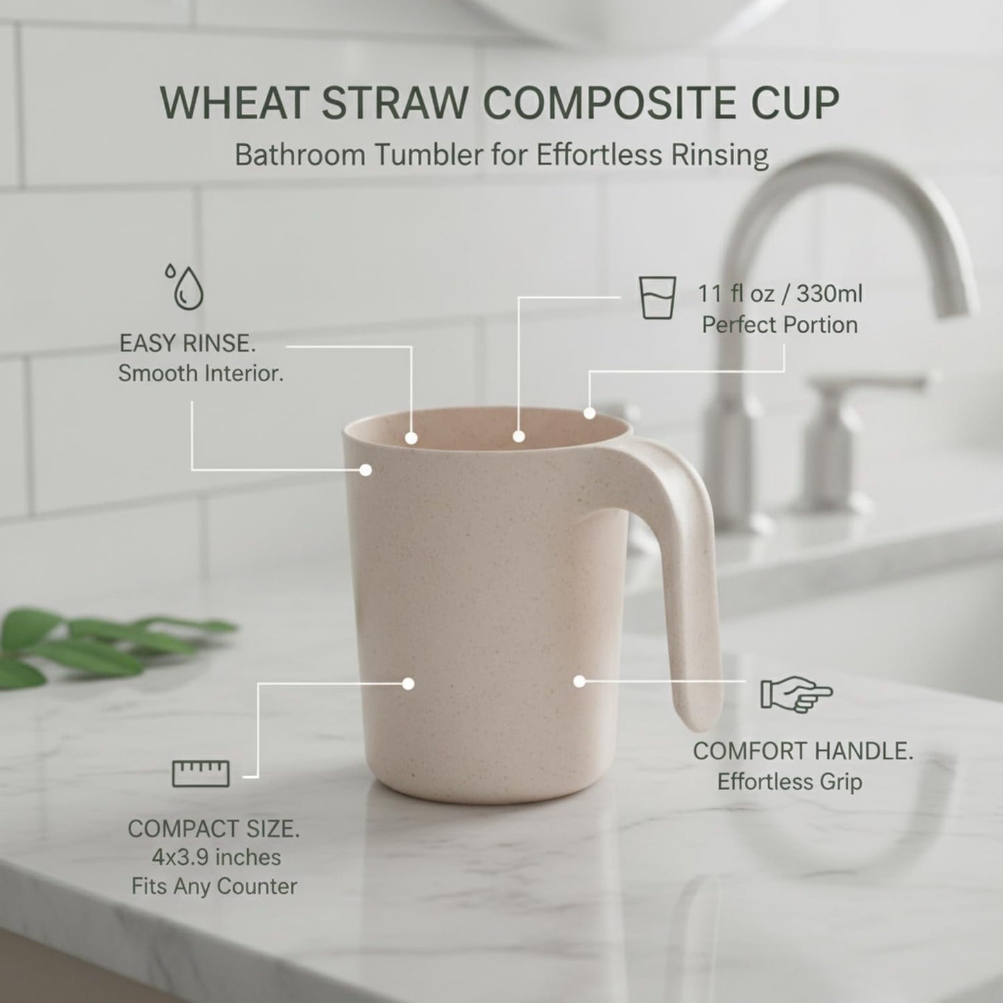 1 Pack Wheat Straw Tumbler with Handle, 11 fl oz Compact Drinking Cup for Bathroom Sink and Office Desk Use