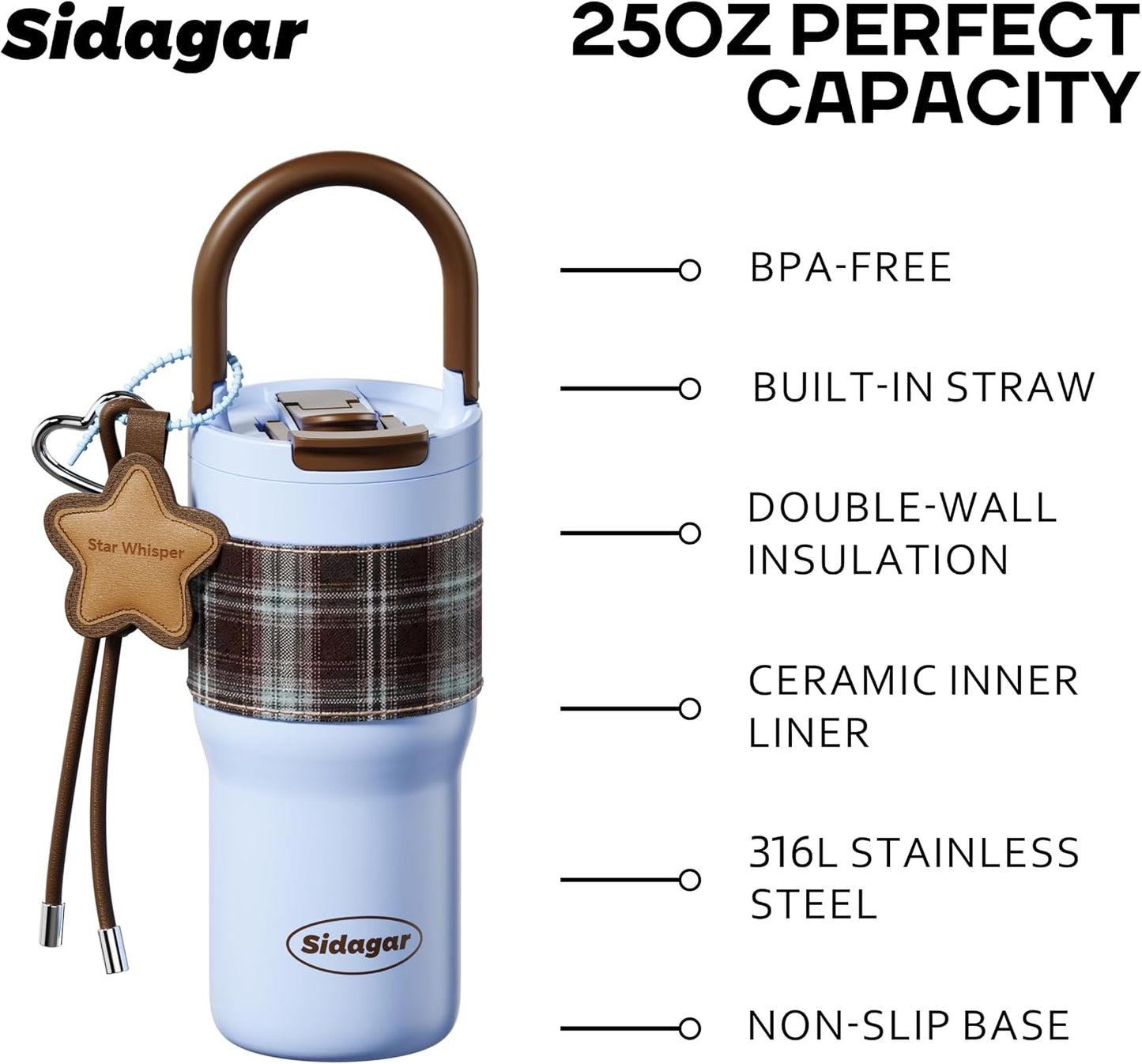 25oz Insulated Tumbler Ceramic Stainless Steel Water Bottle, Blue | Ceramic Lined Water Bottle With Lid and Straw, Leak Proof for Hot and Cold, Portable Travel Coffee Cup for Women