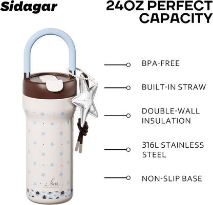 25oz Insulated Tumbler Ceramic Stainless Steel Water Bottle, Blue | Ceramic Lined Water Bottle With Lid and Straw, Leak Proof for Hot and Cold, Portable Travel Coffee Cup for Women