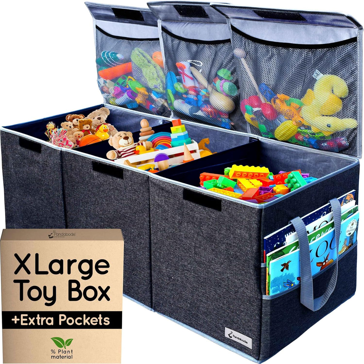 Extra Large Toy Box - Big Sturdy Collapsible Chest - Toy Storage Organizer with Pockets - for Living Room or Kids bedroom- 36 x 16 x 12 in - Grey