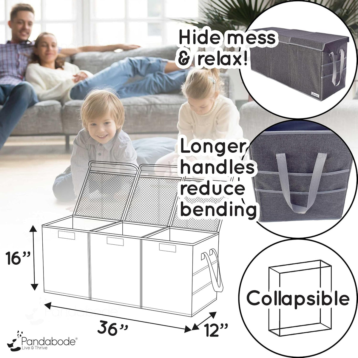 Extra Large Toy Box - Big Sturdy Collapsible Chest - Toy Storage Organizer with Pockets - for Living Room or Kids bedroom- 36 x 16 x 12 in - Grey