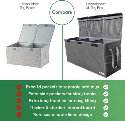 Extra Large Toy Box - Big Sturdy Collapsible Chest - Toy Storage Organizer with Pockets - for Living Room or Kids bedroom- 36 x 16 x 12 in - Grey