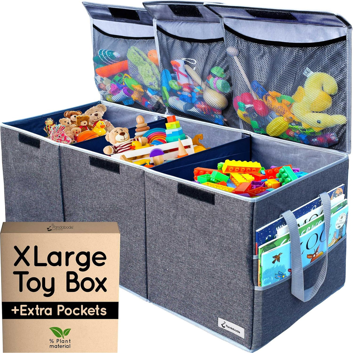 Extra Large Toy Box - Big Sturdy Collapsible Chest - Toy Storage Organizer with Pockets - for Living Room or Kids bedroom- 36 x 16 x 12 in - Grey