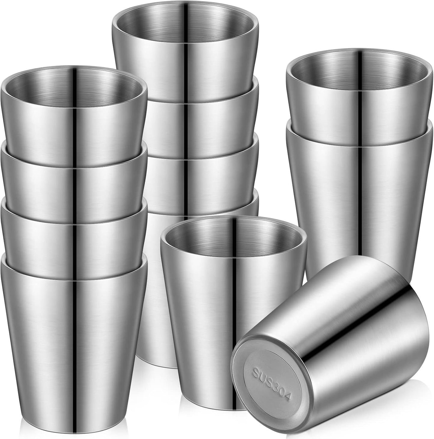 12 Pieces Stainless Steel Cups Double Wall Tumbler Glasses Stackable Metal Drinking Cups Insulated Drinking Glasses Reusable Camping Mugs for Home Camping RV BBQ Office Party(Silver,8.8 oz)