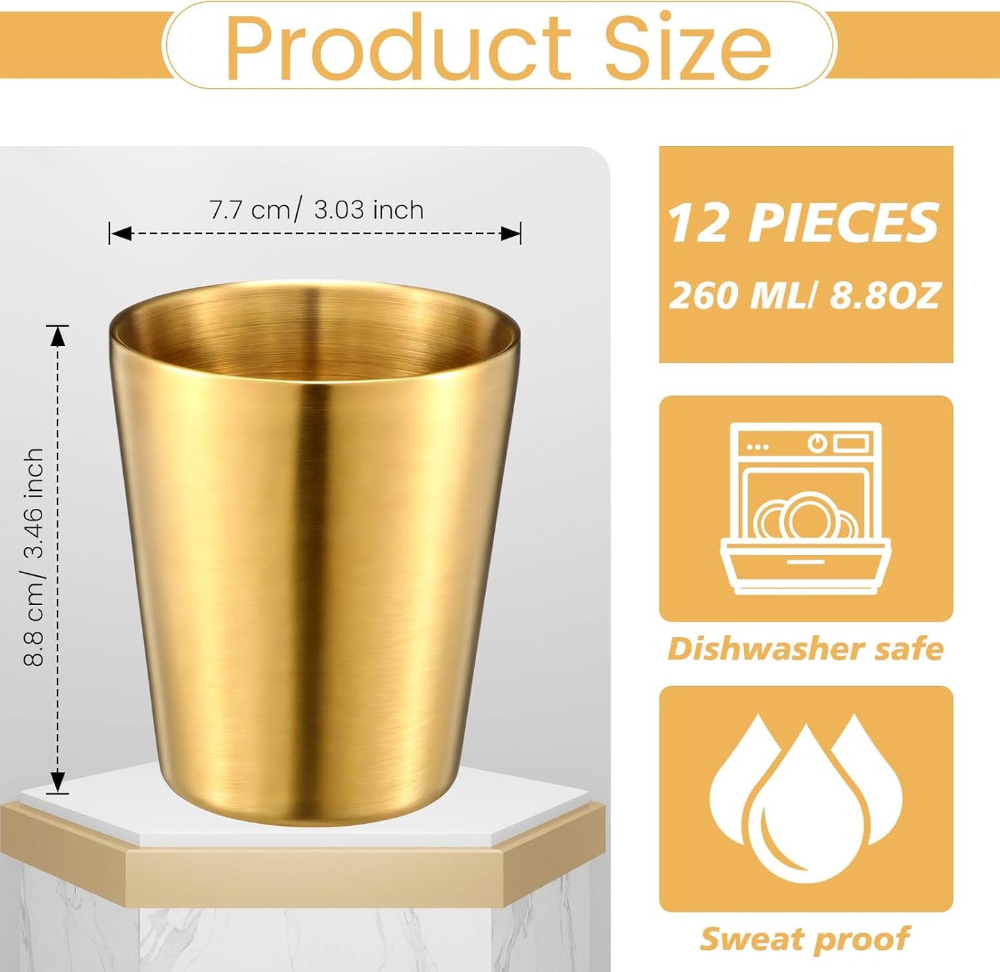 12 Pieces Stainless Steel Cups Double Wall Tumbler Glasses Stackable Metal Drinking Cups Insulated Drinking Glasses Reusable Camping Mugs for Home Camping RV BBQ Office Party(Silver,8.8 oz)