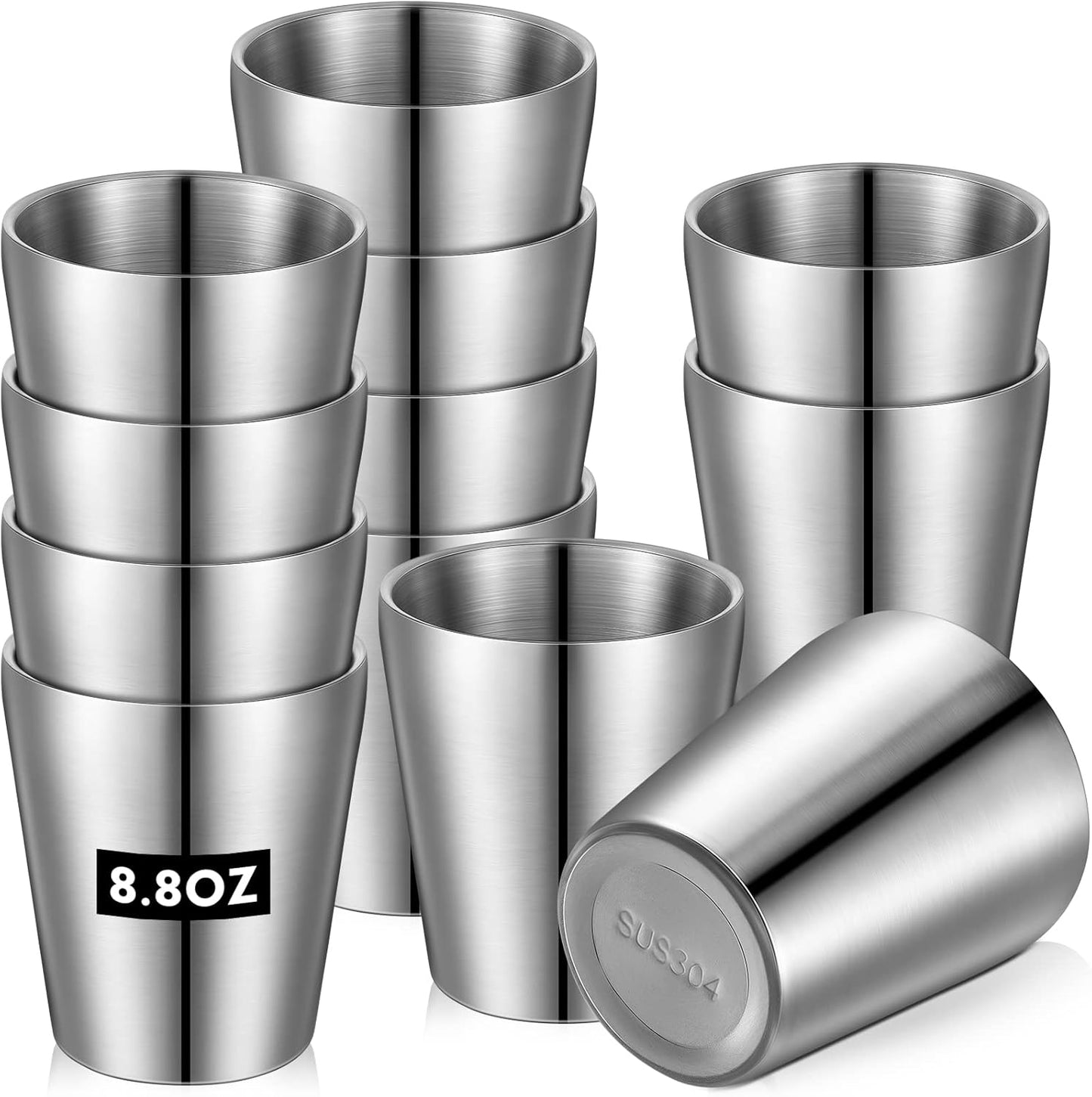 12 Pieces Stainless Steel Cups Double Wall Tumbler Glasses Stackable Metal Drinking Cups Insulated Drinking Glasses Reusable Camping Mugs for Home Camping RV BBQ Office Party(Silver,8.8 oz)