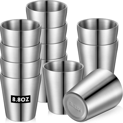 12 Pieces Stainless Steel Cups Double Wall Tumbler Glasses Stackable Metal Drinking Cups Insulated Drinking Glasses Reusable Camping Mugs for Home Camping RV BBQ Office Party(Silver,8.8 oz)