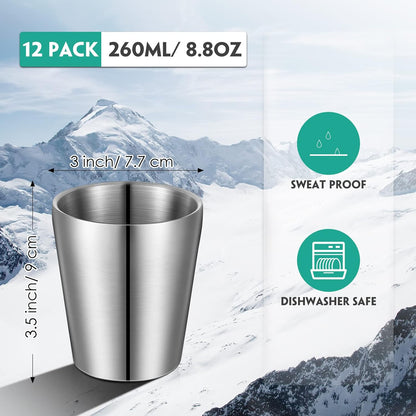 12 Pieces Stainless Steel Cups Double Wall Tumbler Glasses Stackable Metal Drinking Cups Insulated Drinking Glasses Reusable Camping Mugs for Home Camping RV BBQ Office Party(Silver,8.8 oz)