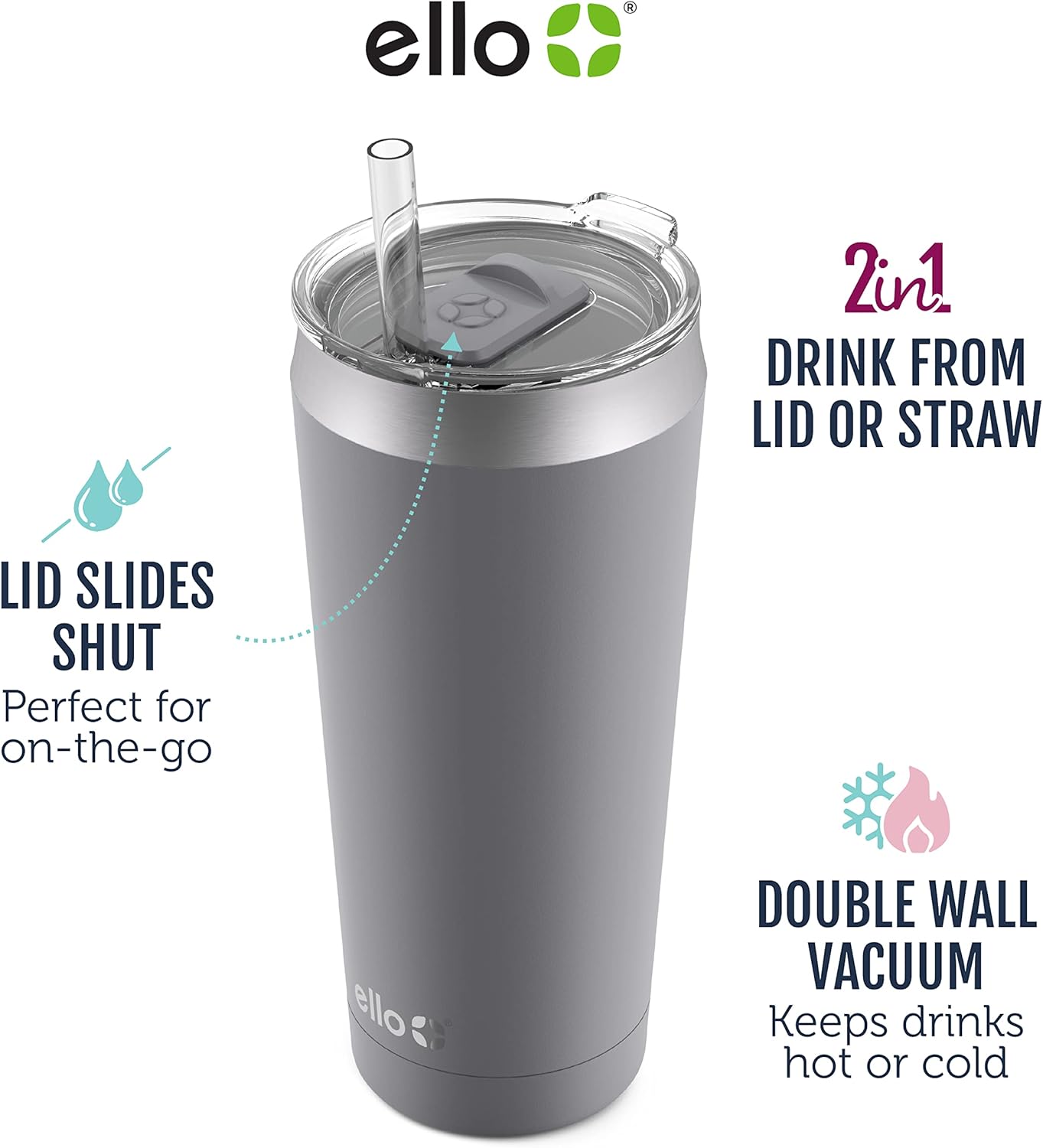 Beacon Vacuum Insulated Stainless Steel Tumbler with Slider Lid and Optional Straw