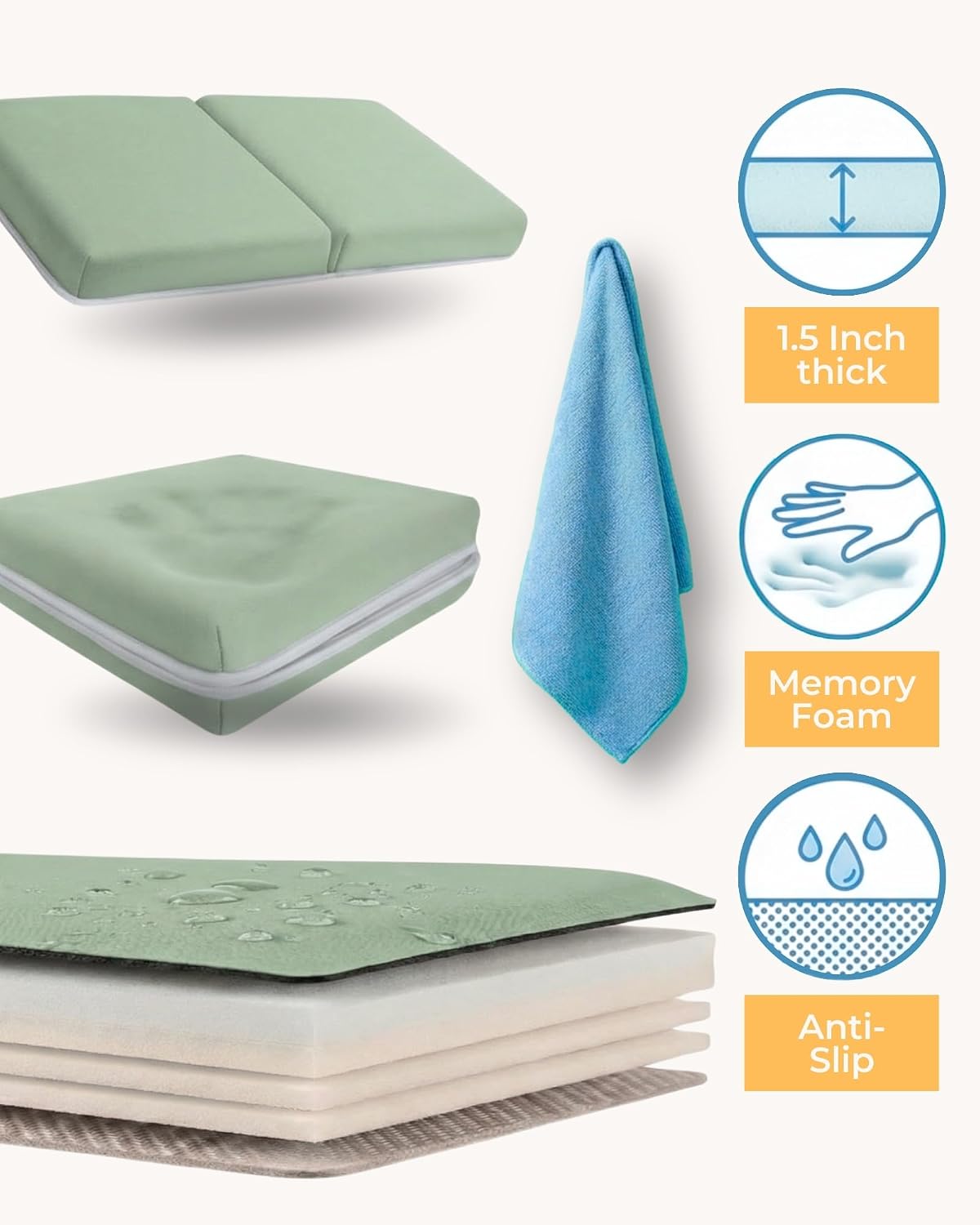 Comfortable Baby Bath Kneeler and Elbow Rest Pad Set - 1.5 Inch, Green