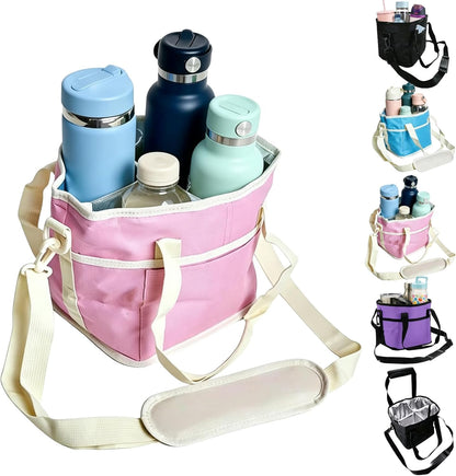 Drink Carrier Bag Insulated 4 Compartment, Multiple Tumbler Carrier Caddy, Family Size 4 Bottles Drink Bag, Water Bottle Holder with Adjustable Strap, Drink Caddy Tote for Coffee, Travel, Outings