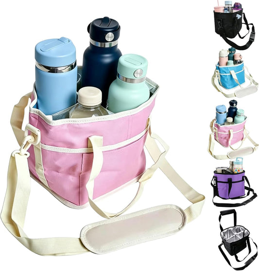 Drink Carrier Bag Insulated 4 Compartment, Multiple Tumbler Carrier Caddy, Family Size 4 Bottles Drink Bag, Water Bottle Holder with Adjustable Strap, Drink Caddy Tote for Coffee, Travel, Outings