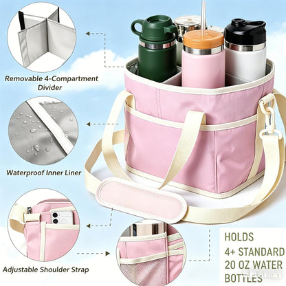 Drink Carrier Bag Insulated 4 Compartment, Multiple Tumbler Carrier Caddy, Family Size 4 Bottles Drink Bag, Water Bottle Holder with Adjustable Strap, Drink Caddy Tote for Coffee, Travel, Outings