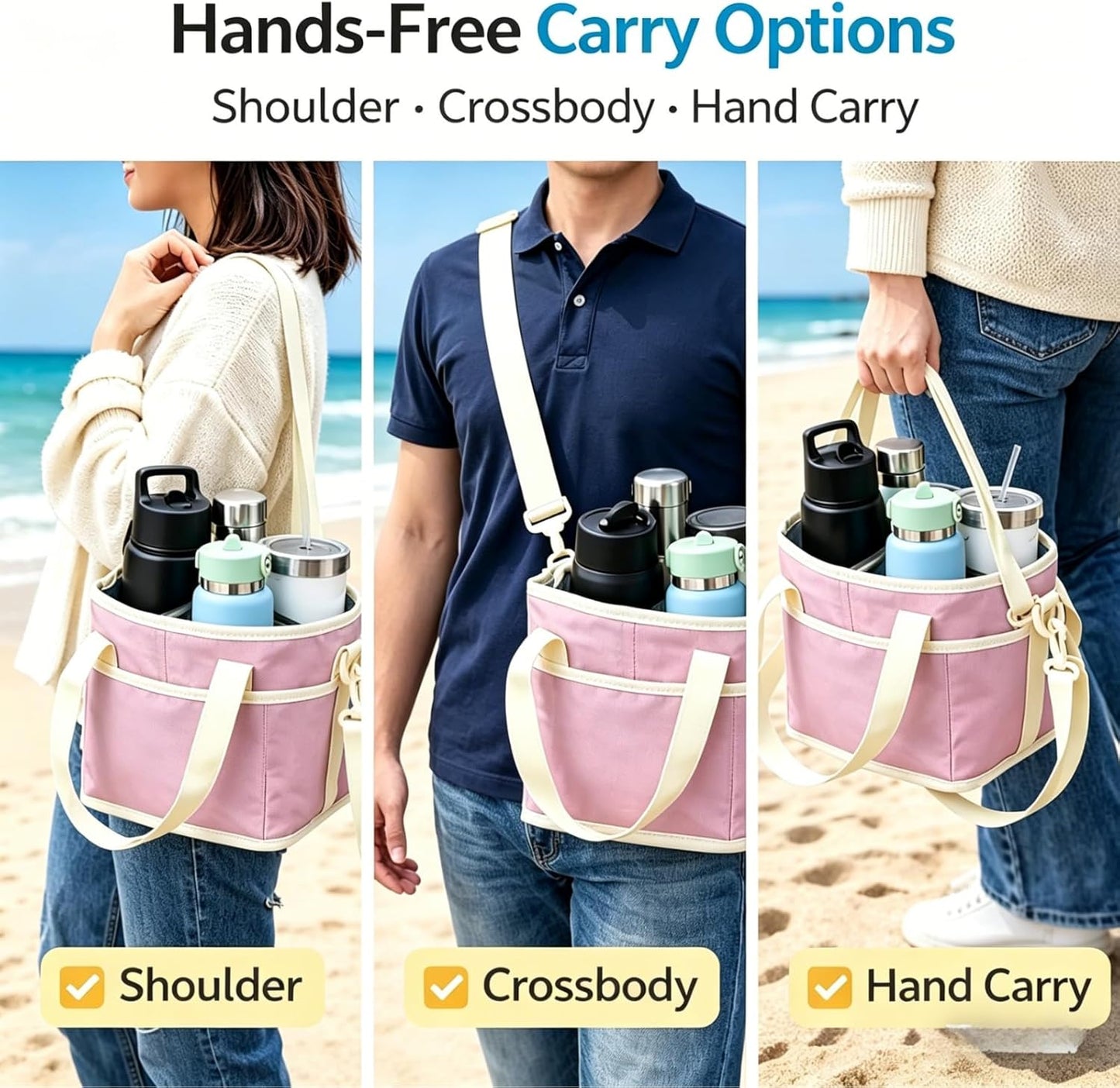 Drink Carrier Bag Insulated 4 Compartment, Multiple Tumbler Carrier Caddy, Family Size 4 Bottles Drink Bag, Water Bottle Holder with Adjustable Strap, Drink Caddy Tote for Coffee, Travel, Outings