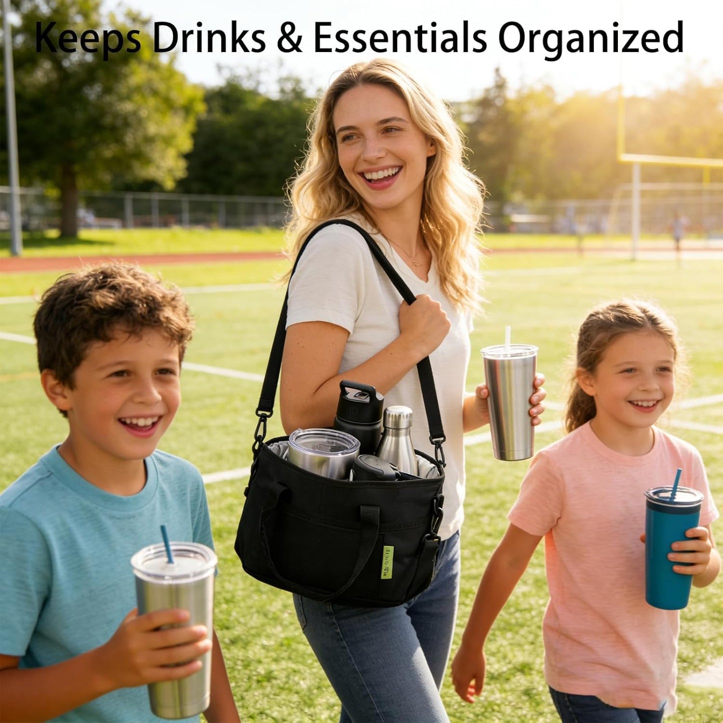 Drink Carrier Bag Insulated 4 Compartment, Multiple Tumbler Carrier Caddy, Family Size 4 Bottles Drink Bag, Water Bottle Holder with Adjustable Strap, Drink Caddy Tote for Coffee, Travel, Outings