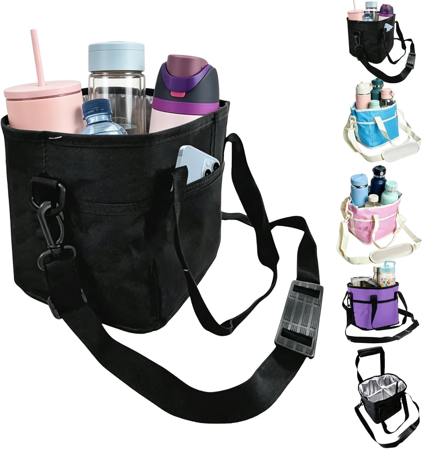 Drink Carrier Bag Insulated 4 Compartment, Multiple Tumbler Carrier Caddy, Family Size 4 Bottles Drink Bag, Water Bottle Holder with Adjustable Strap, Drink Caddy Tote for Coffee, Travel, Outings