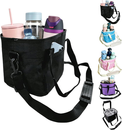 Drink Carrier Bag Insulated 4 Compartment, Multiple Tumbler Carrier Caddy, Family Size 4 Bottles Drink Bag, Water Bottle Holder with Adjustable Strap, Drink Caddy Tote for Coffee, Travel, Outings