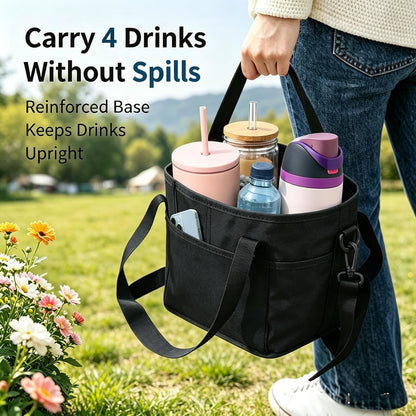 Drink Carrier Bag Insulated 4 Compartment, Multiple Tumbler Carrier Caddy, Family Size 4 Bottles Drink Bag, Water Bottle Holder with Adjustable Strap, Drink Caddy Tote for Coffee, Travel, Outings