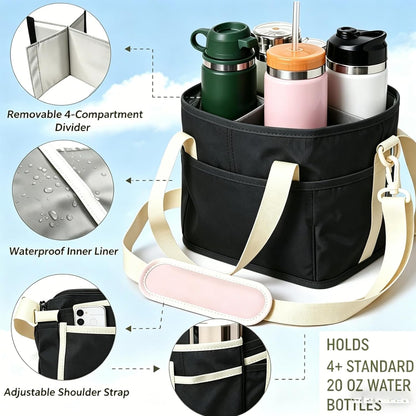 Drink Carrier Bag Insulated 4 Compartment, Multiple Tumbler Carrier Caddy, Family Size 4 Bottles Drink Bag, Water Bottle Holder with Adjustable Strap, Drink Caddy Tote for Coffee, Travel, Outings