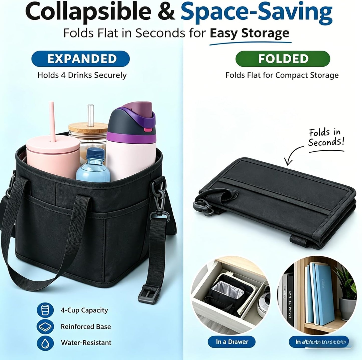 Drink Carrier Bag Insulated 4 Compartment, Multiple Tumbler Carrier Caddy, Family Size 4 Bottles Drink Bag, Water Bottle Holder with Adjustable Strap, Drink Caddy Tote for Coffee, Travel, Outings