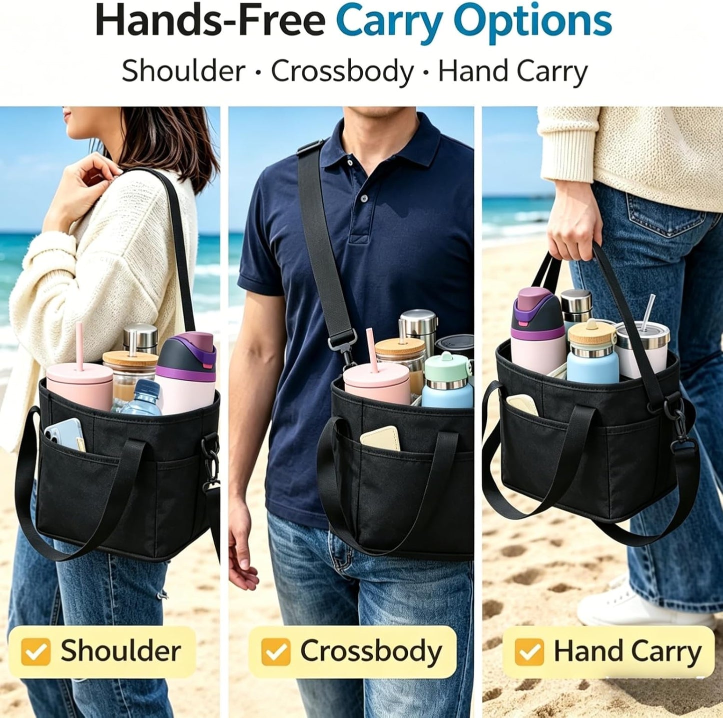Drink Carrier Bag Insulated 4 Compartment, Multiple Tumbler Carrier Caddy, Family Size 4 Bottles Drink Bag, Water Bottle Holder with Adjustable Strap, Drink Caddy Tote for Coffee, Travel, Outings