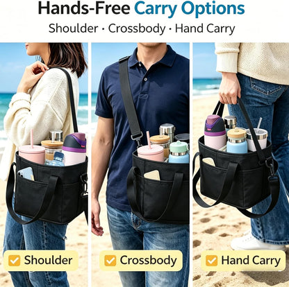 Drink Carrier Bag Insulated 4 Compartment, Multiple Tumbler Carrier Caddy, Family Size 4 Bottles Drink Bag, Water Bottle Holder with Adjustable Strap, Drink Caddy Tote for Coffee, Travel, Outings