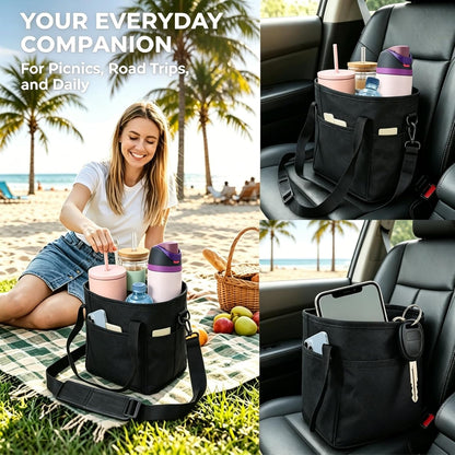 Drink Carrier Bag Insulated 4 Compartment, Multiple Tumbler Carrier Caddy, Family Size 4 Bottles Drink Bag, Water Bottle Holder with Adjustable Strap, Drink Caddy Tote for Coffee, Travel, Outings