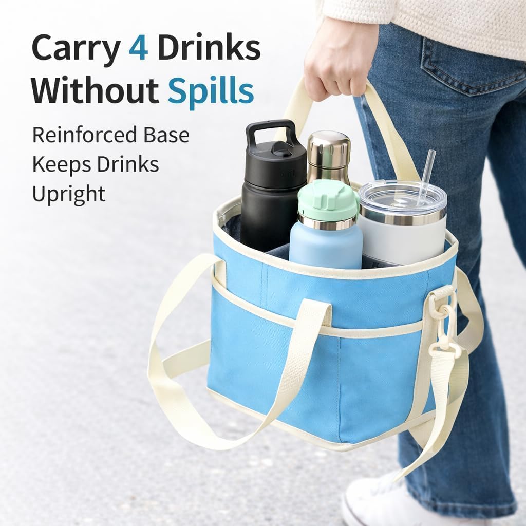 Drink Carrier Bag Insulated 4 Compartment, Multiple Tumbler Carrier Caddy, Family Size 4 Bottles Drink Bag, Water Bottle Holder with Adjustable Strap, Drink Caddy Tote for Coffee, Travel, Outings