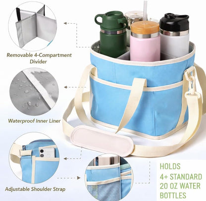 Drink Carrier Bag Insulated 4 Compartment, Multiple Tumbler Carrier Caddy, Family Size 4 Bottles Drink Bag, Water Bottle Holder with Adjustable Strap, Drink Caddy Tote for Coffee, Travel, Outings