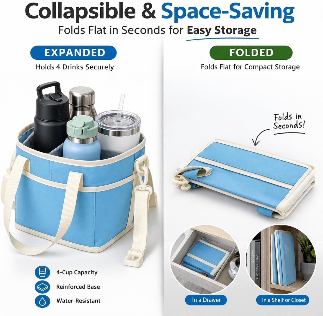 Drink Carrier Bag Insulated 4 Compartment, Multiple Tumbler Carrier Caddy, Family Size 4 Bottles Drink Bag, Water Bottle Holder with Adjustable Strap, Drink Caddy Tote for Coffee, Travel, Outings