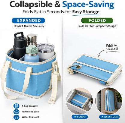 Drink Carrier Bag Insulated 4 Compartment, Multiple Tumbler Carrier Caddy, Family Size 4 Bottles Drink Bag, Water Bottle Holder with Adjustable Strap, Drink Caddy Tote for Coffee, Travel, Outings