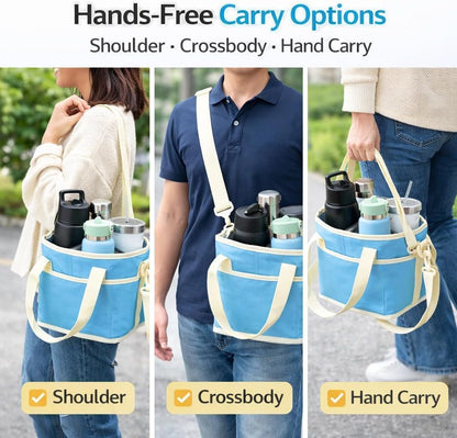 Drink Carrier Bag Insulated 4 Compartment, Multiple Tumbler Carrier Caddy, Family Size 4 Bottles Drink Bag, Water Bottle Holder with Adjustable Strap, Drink Caddy Tote for Coffee, Travel, Outings