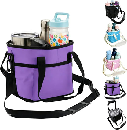 Drink Carrier Bag Insulated 4 Compartment, Multiple Tumbler Carrier Caddy, Family Size 4 Bottles Drink Bag, Water Bottle Holder with Adjustable Strap, Drink Caddy Tote for Coffee, Travel, Outings