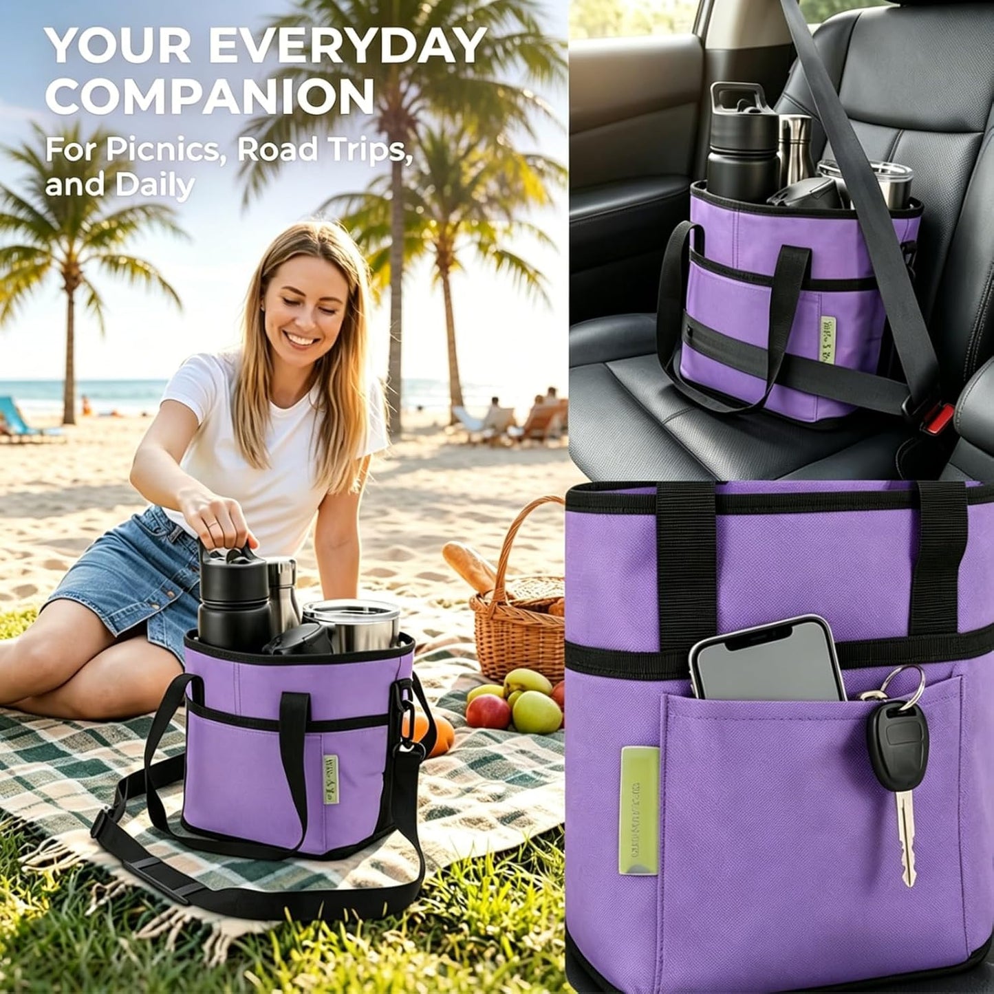 Drink Carrier Bag Insulated 4 Compartment, Multiple Tumbler Carrier Caddy, Family Size 4 Bottles Drink Bag, Water Bottle Holder with Adjustable Strap, Drink Caddy Tote for Coffee, Travel, Outings