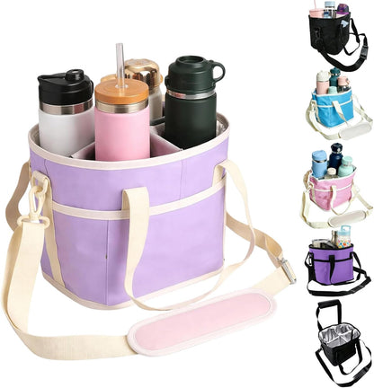 Drink Carrier Bag Insulated 4 Compartment, Multiple Tumbler Carrier Caddy, Family Size 4 Bottles Drink Bag, Water Bottle Holder with Adjustable Strap, Drink Caddy Tote for Coffee, Travel, Outings