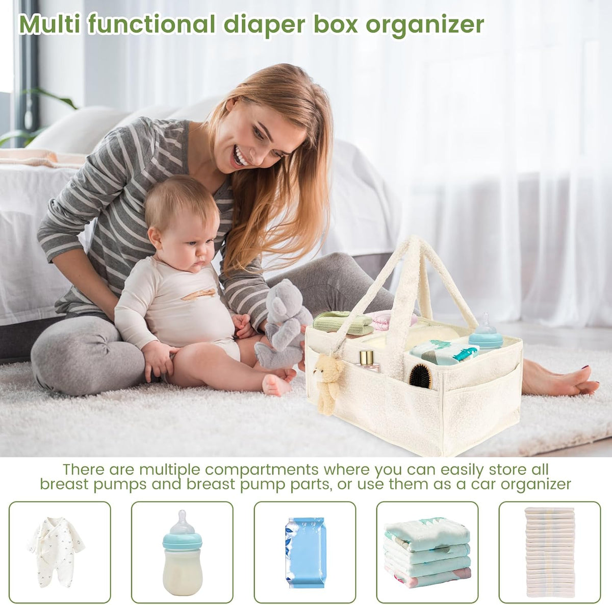 US Baby Diaper Caddy with Removable Dividers Portable Diaper Caddy Organizer Practical Diaper Organizer Multifunctional Baby Storage Basket for Changing Table(light green)