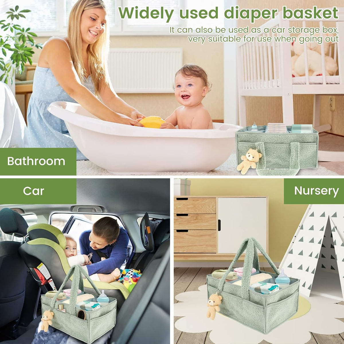 US Baby Diaper Caddy with Removable Dividers Portable Diaper Caddy Organizer Practical Diaper Organizer Multifunctional Baby Storage Basket for Changing Table(light green)