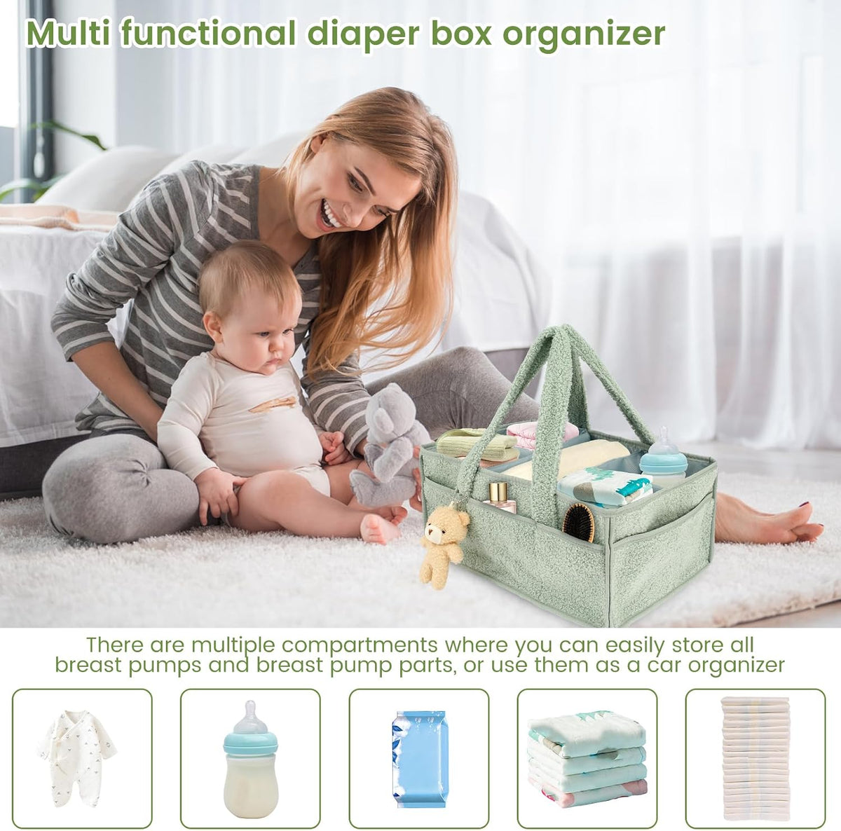 US Baby Diaper Caddy with Removable Dividers Portable Diaper Caddy Organizer Practical Diaper Organizer Multifunctional Baby Storage Basket for Changing Table(light green)