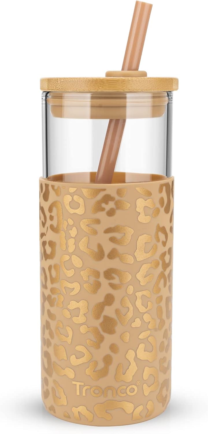 20 oz Glass Tumbler with Lids and Straws, Reusable Iced Coffee Cups | Borosilicate Glass Cups with Bamboo Lid, Silicone Sleeve, Dishwasher Safe, Cup Holder Friendly, BPA-Free, Iced Coffee Tumbler - Colors B